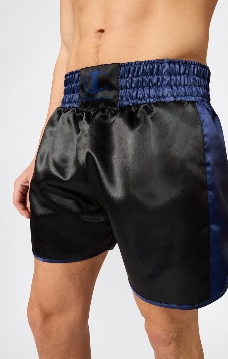 CHAMPION MUAY. SHORT THAÏ NOIR SATINÉ.